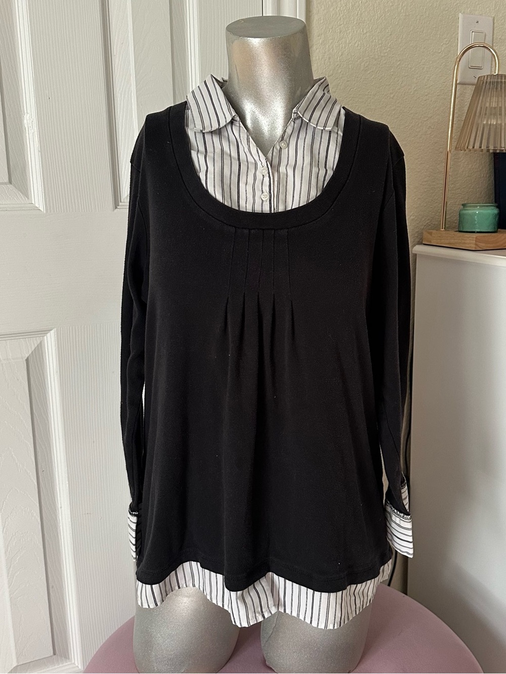 Jasonmaxwell Black & White Striped Layered Style Collared Long-Sleeve Top